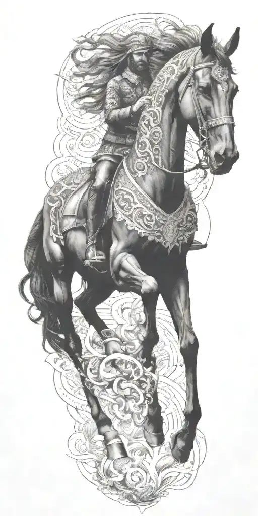 iranian soldier black horse rider goes into fire  tattoo design idea