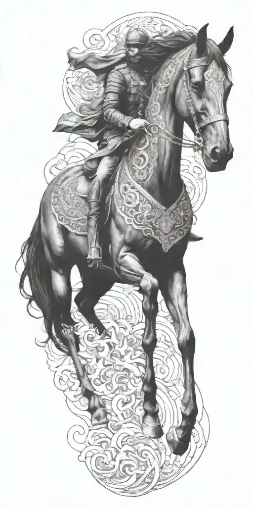 iranian soldier black horse rider goes into fire  tattoo design idea