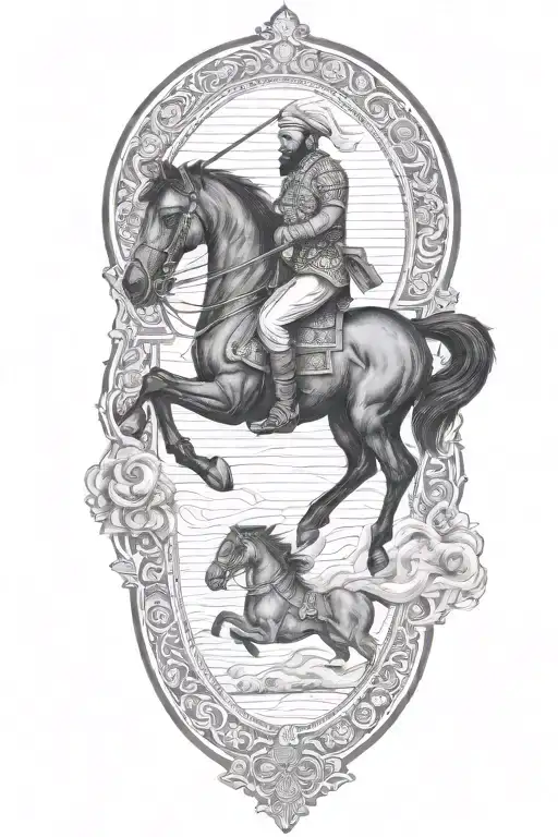 old iranian soldier with black horse goes through fire tattoo design idea