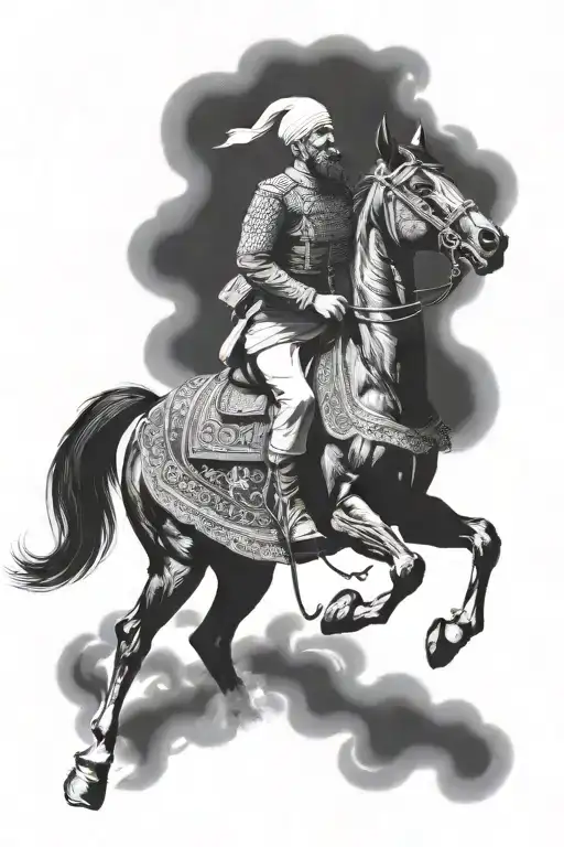 old iranian soldier with black horse goes through fire tattoo design idea