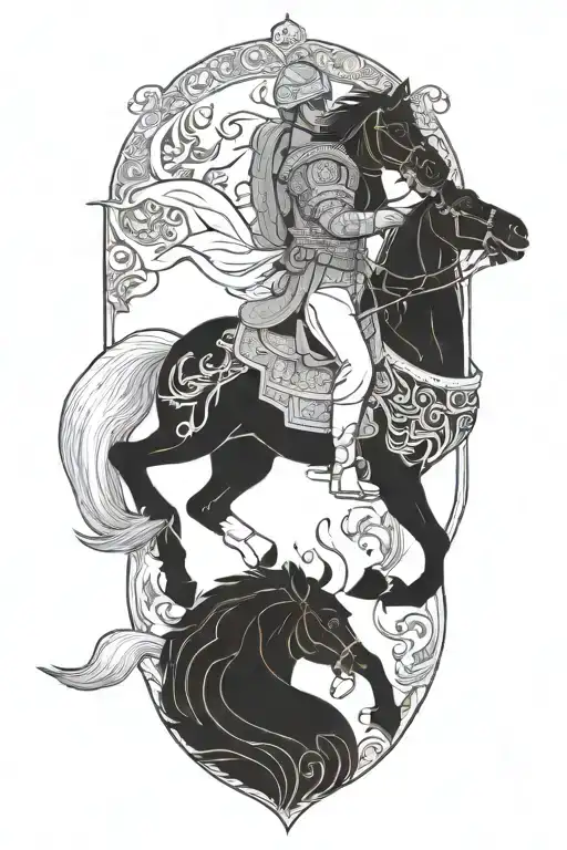 persian soldier riding black horse out of fire coming tattoo design idea
