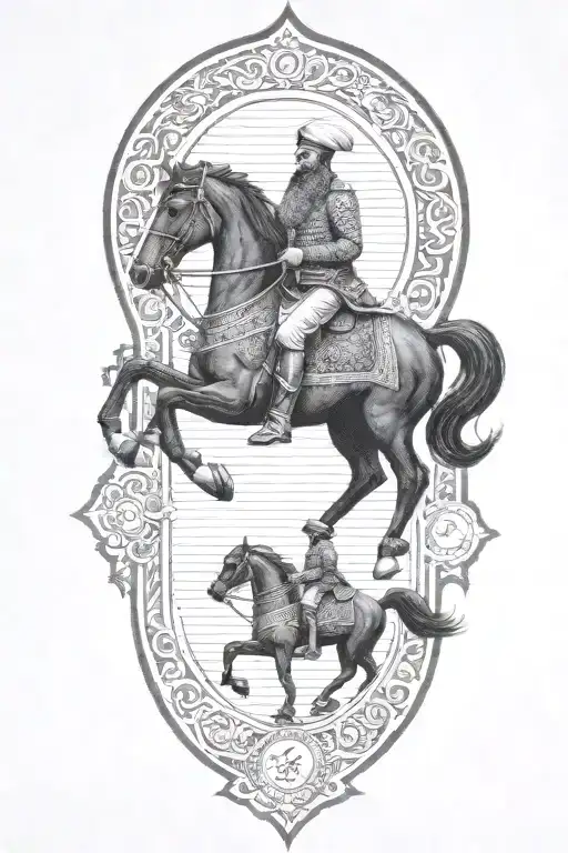 old iranian soldier with black horse goes through fire tattoo design idea