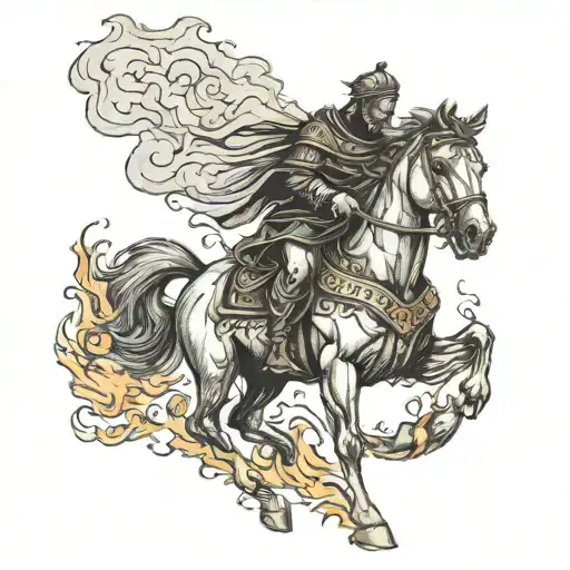 roman  man on black horse goes through fire tattoo design idea