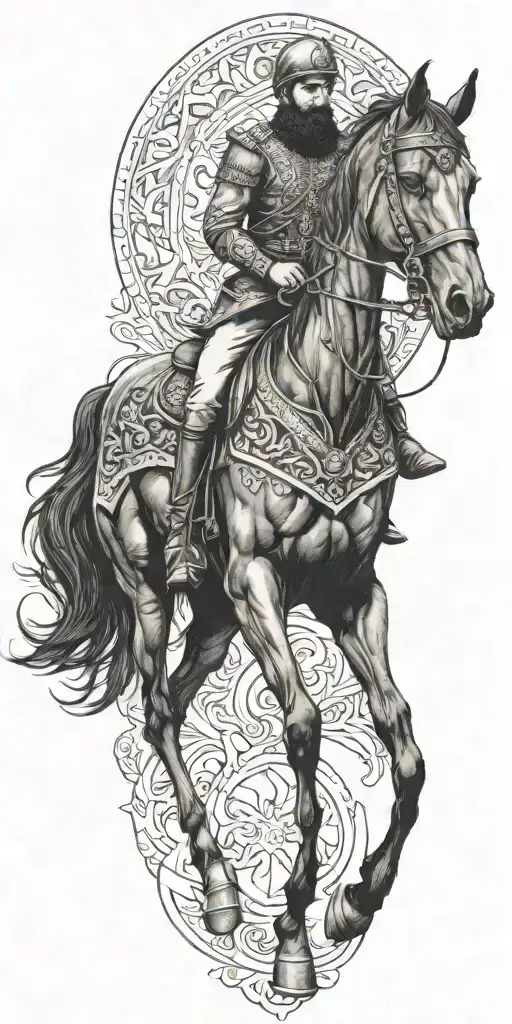 iranian soldier black horse rider goes into fire  tattoo design idea