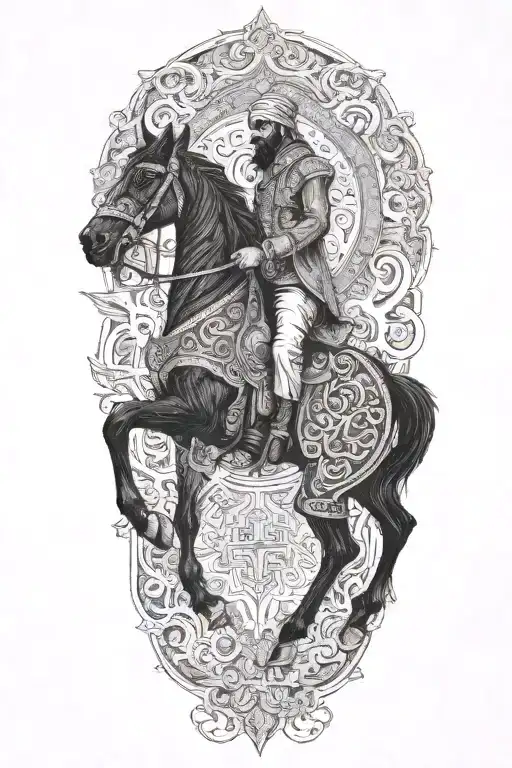 man on black horse goes through fire middle eastern tattoo design idea