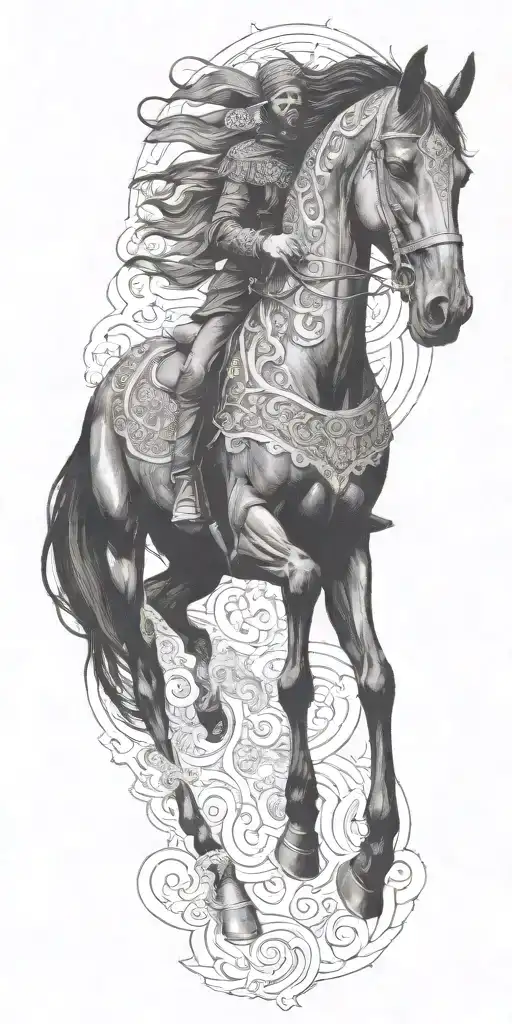 iranian soldier black horse rider goes into fire  tattoo design idea