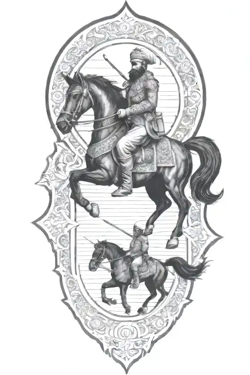 old iranian soldier with black horse goes through fire tattoo design idea