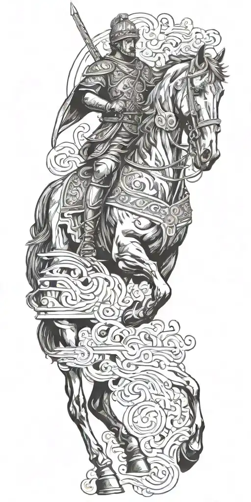 roman soldier riding black horse out of fire coming tattoo design idea