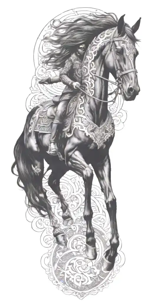iranian soldier black horse rider goes into fire  tattoo design idea