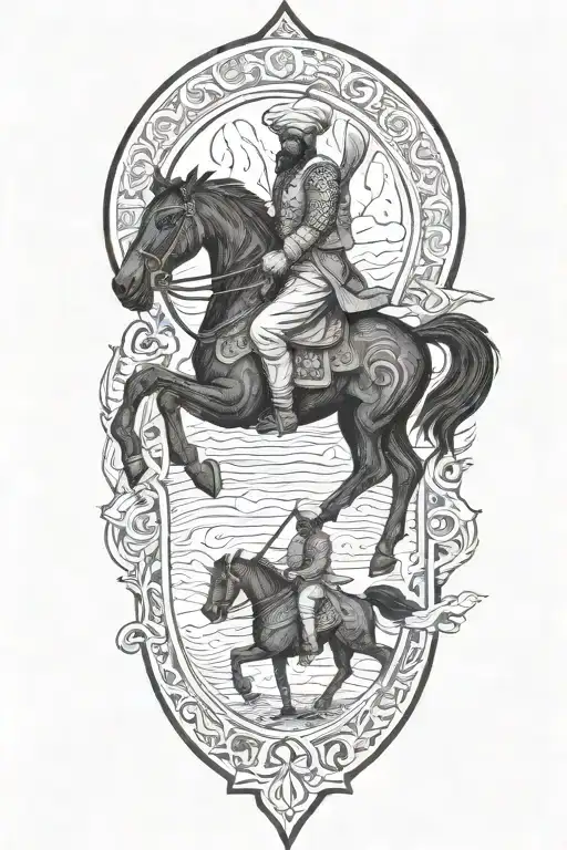 old iranian soldier with black horse goes through fire tattoo design idea
