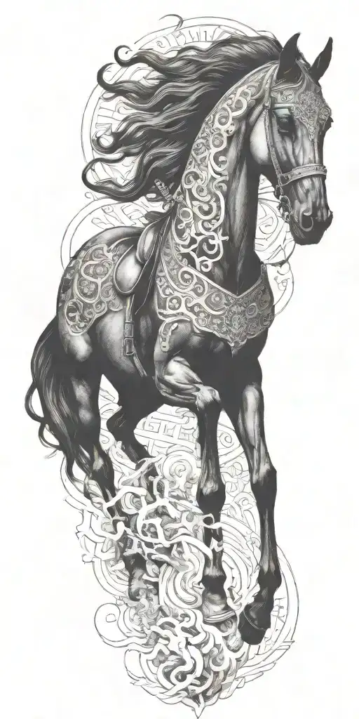 iranian soldier black horse rider goes into fire  tattoo design idea