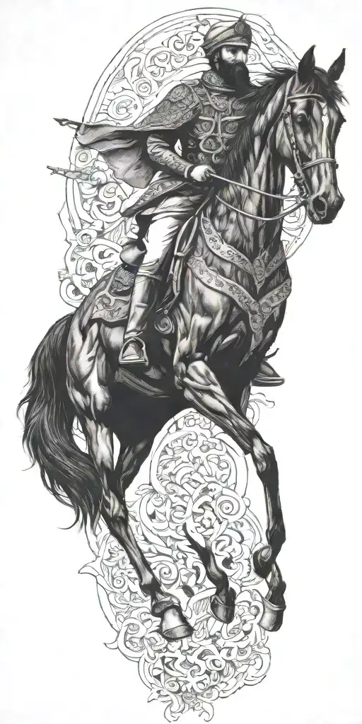iranian soldier black horse rider goes into fire  tattoo design idea
