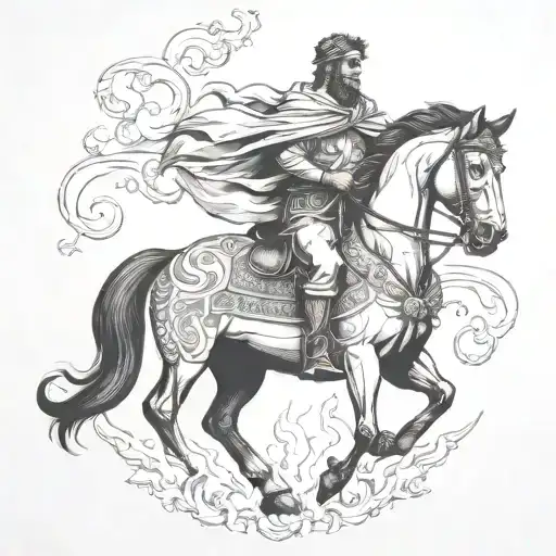 roman  man on black horse goes through fire tattoo design idea