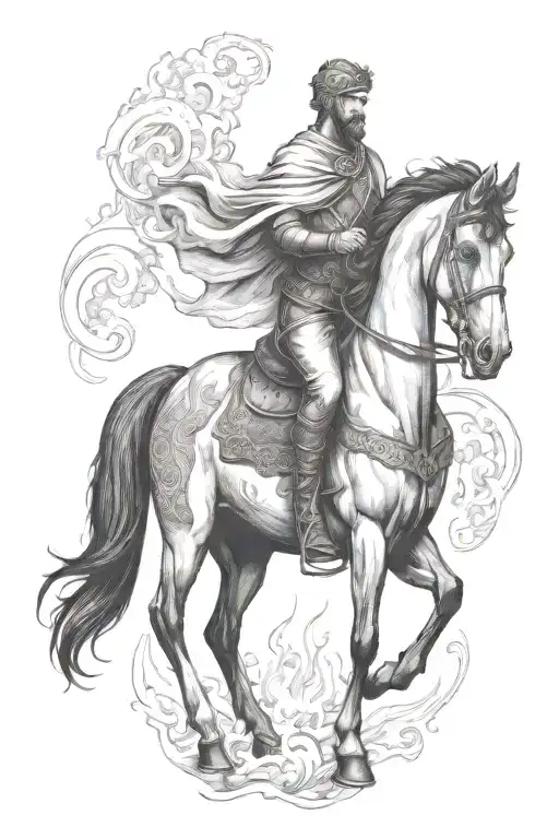 roman man on black horse goes through fire flames tattoo design idea