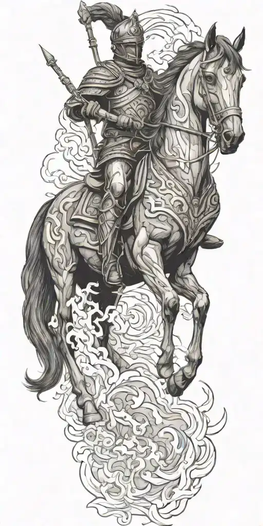 roman soldier riding black horse out of fire coming tattoo design idea