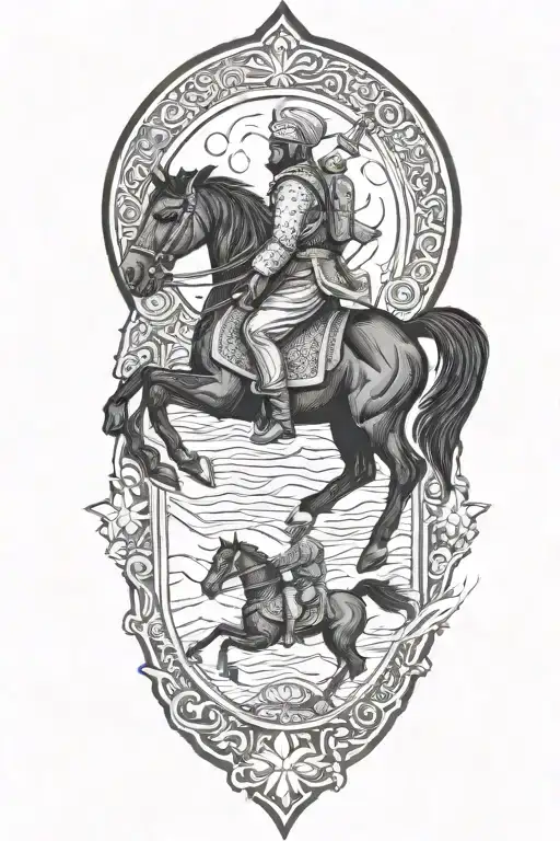 old iranian soldier with black horse goes through fire tattoo design idea