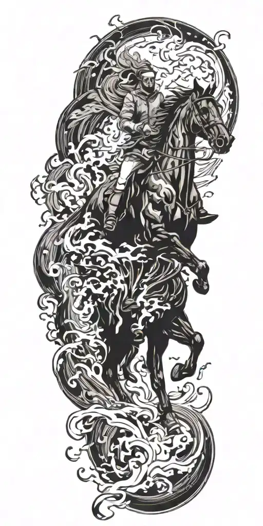 man riding black horse goes through fire coming tattoo design idea