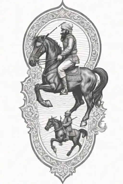 old iranian soldier with black horse goes through fire tattoo design idea