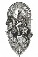 man on black horse goes through fire middle eastern tattoo design idea