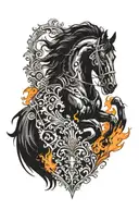 black  horse, fire, knight holding tattoo design idea