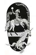 Incorporate Achaemenian symbols and motifs into a blackwork design featuring a majestic black horse rider going through  tattoo design idea