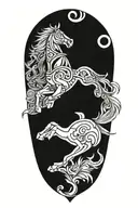 Incorporate Achaemenian symbols and motifs into a blackwork design featuring a majestic black horse rider going through  tattoo design idea