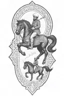 old iranian soldier with black horse goes through fire tattoo design idea