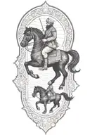 old iranian soldier with black horse goes through fire tattoo design idea