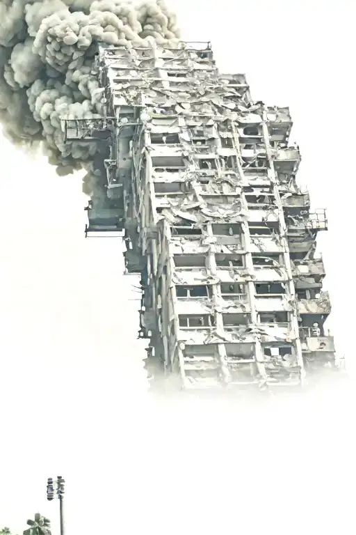 burning, destroyed nine-story panel buildings, contrasting and lush sky  tattoo design idea