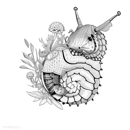 Full sleeve nature style, with Megalobulimus snail, aguara guazu, armadillo, mburucuya flowering, and monarch butterfly tattoo design idea