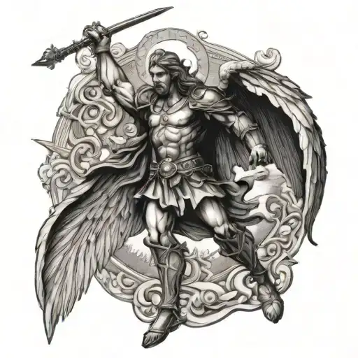 st Michael fighting the devil with sun rays in background tattoo design idea