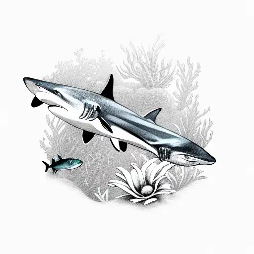 Reef shark, flowers, cute, for a girl, black and white, back view, gentle, graceful tattoo design idea
