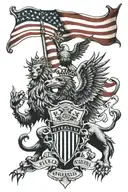 large back piece - usa and u.k flag, a flag on each shloulder blade. include a lion and an eagle. nyc and london tattoo design idea
