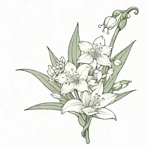 side view of a small, simple drawing flower bouquet of a lily of the valley and narcissus and aster and chrysanthemum tattoo design idea