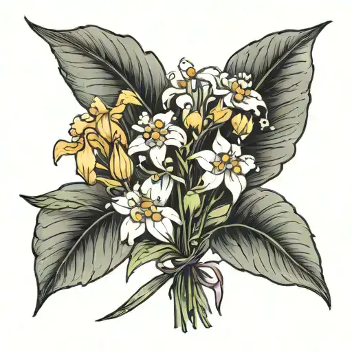 A small, simple drawing flower bouquet of a lily of the valley and narcissus and aster and chrysanthemum tattoo design idea