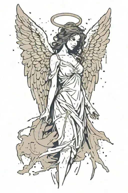 A distressed angel with jagged, tattered wings and a cracked halo. The background features dark, smoky textures with spl tattoo design idea