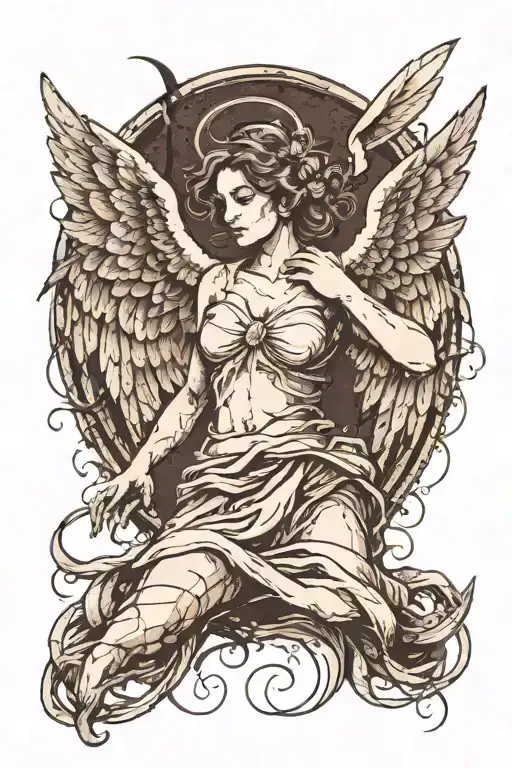 A distressed angel with jagged, tattered wings and a cracked halo. The background features dark, smoky textures with spl tattoo design idea