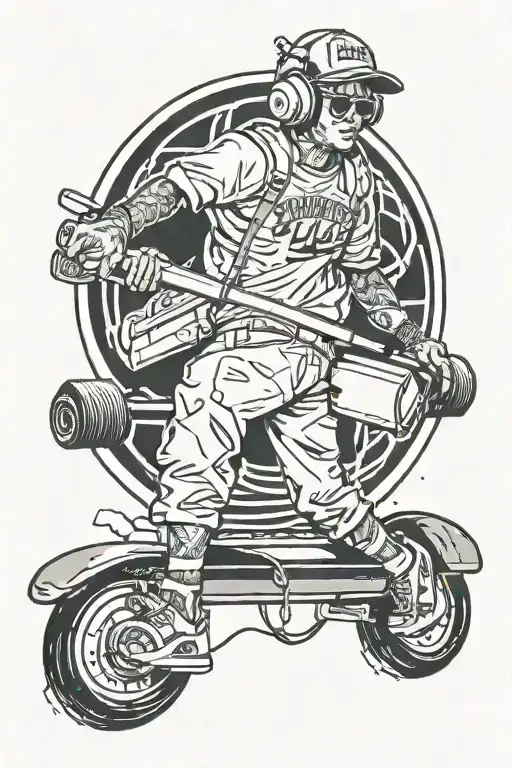 person leaning against a subway entrance, with headphones and a skateboard. Surround the figure with urban elements tattoo design idea