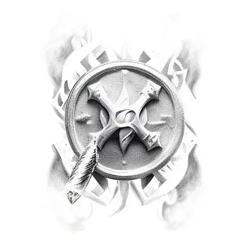 crie um guerreiro medieval em uma cena de guerra, pode ter cavalos e fumaça ou até mesmo navios ao fundo tattoo design idea