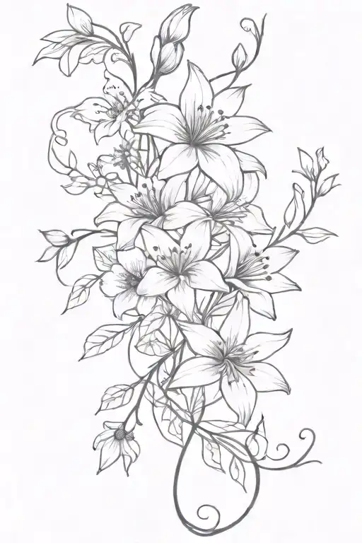 Vine spine tattoo with cosmos, lilies, roses, narcisuss flowers tattoo design idea