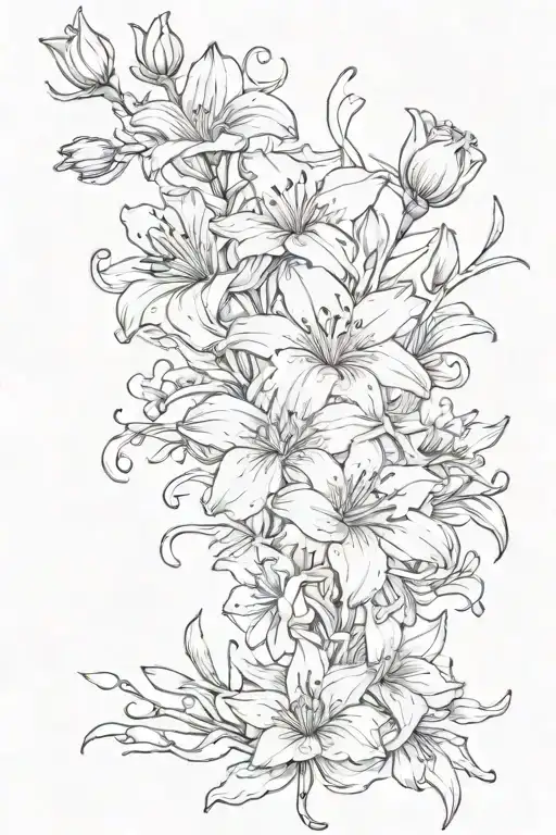 Vine spine tattoo with cosmos, lilies, roses, narcisuss flowers tattoo design idea