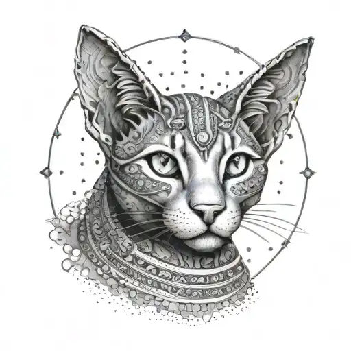 Create a 3D interpretation of a cat deity from Egyptian mythology, such as Bastet, in a dotwork style tattoo design idea
