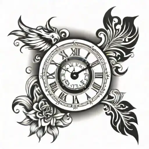 Clock with birthdate and time displayed with fleur de fuel background tattoo design idea