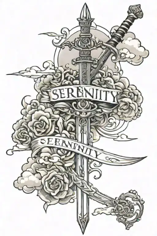 heaven's sky and clouds with a skinny sword and the word "serenity" at the bottom tattoo design idea