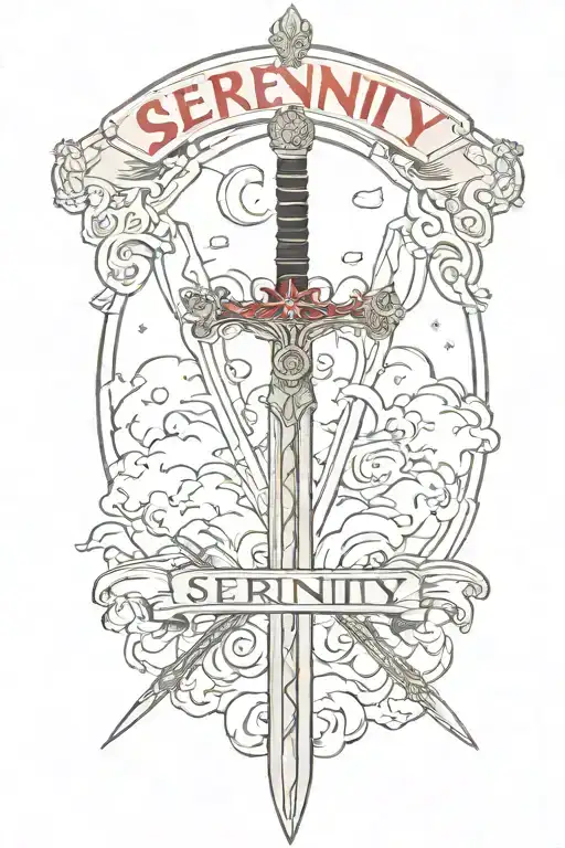 heaven's sky with a skinny sword and the word "serenity" at the bottom in red letters tattoo design idea