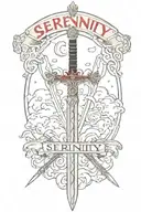 heaven's sky with a skinny sword and the word "serenity" at the bottom in red letters tattoo design idea