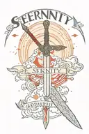 heaven's sky with a skinny sword and the word "serenity" at the bottom in red letters tattoo design idea