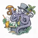 An octopus bartender mixing drinks on a tropical island beach tattoo design idea
