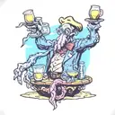 An octopus bartender mixing drinks on a tropical island beach tattoo design idea