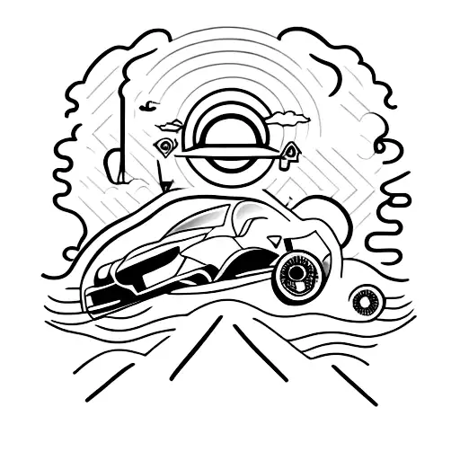 A minimalist tattoo of a drifting car with a sunset background, capturing the client's love for both drift racing and the outdoors tattoo design idea